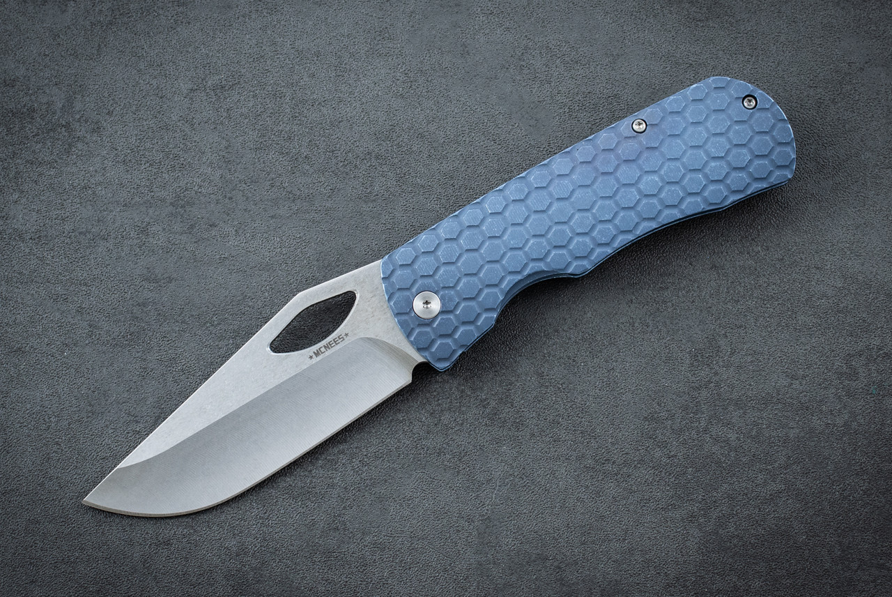 McNees Custom Knives Dixon Frame Lock Magnacut Satin Stonewash Drop Point Blade w/ Blue Atomic Honeycomb Titanium Handles and Satin Hardware