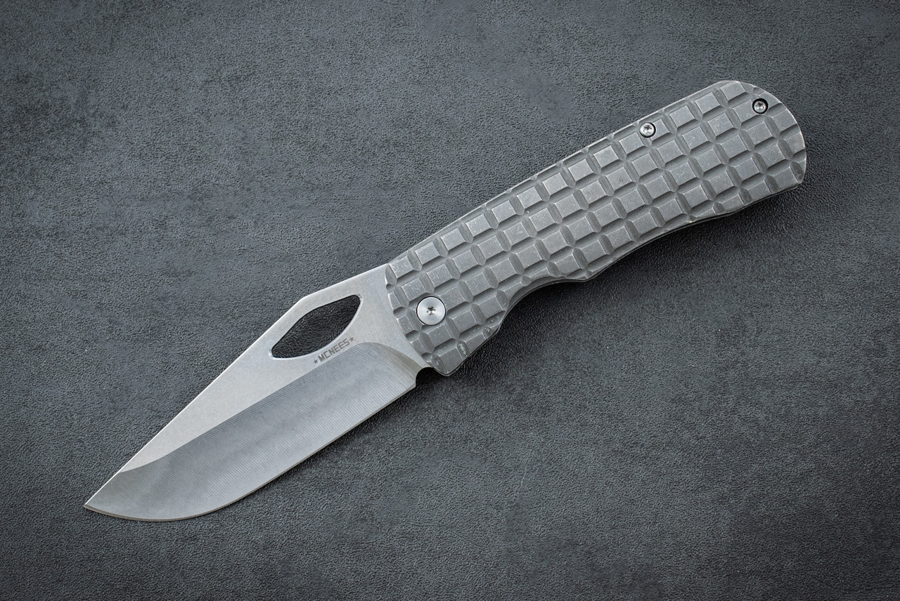 McNees Custom Knives Dixon Frame Lock Magnacut Satin Stonewash Drop Point Blade w/ Stonewash Atomic Frag Titanium Handles and Satin Hardware