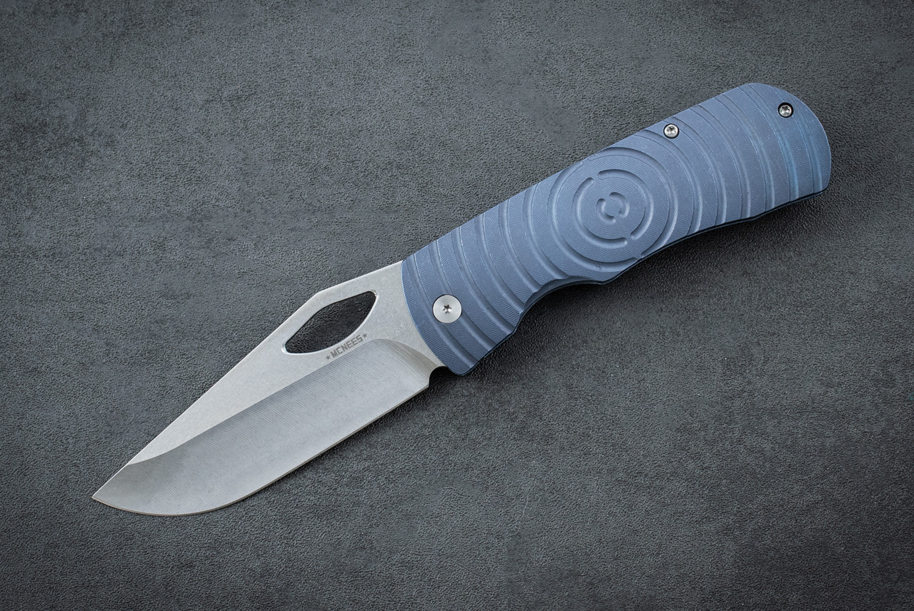 McNees Custom Knives Dixon Frame Lock Magnacut Satin Stonewash Drop Point Blade w/ Blue Atomic Shockwave Titanium Handles and Satin Hardware