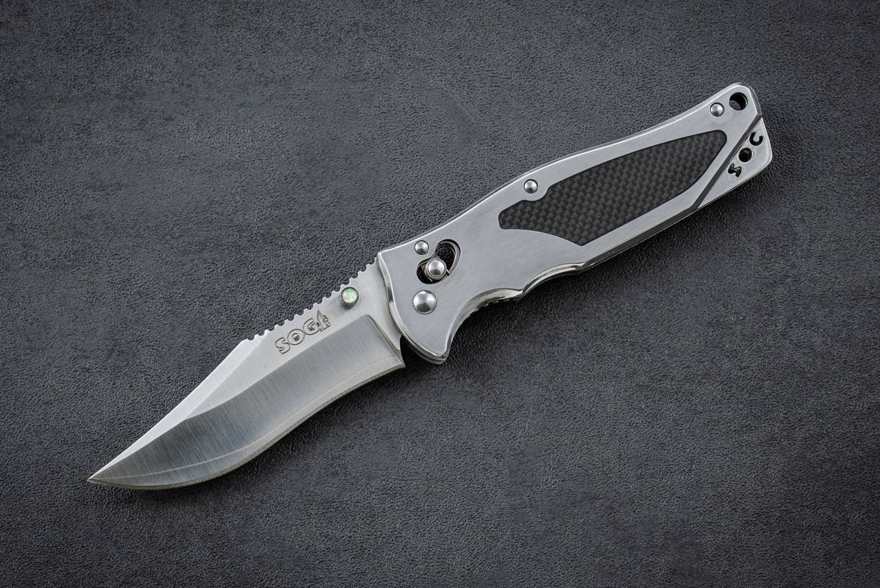 SOG Knives Vintage Japan Stingray SR-02 Folding Knife San Mai VG-10 Blade w/ Stainless Steel Handle w/ Carbon Fiber Inlay and Leather Sheath