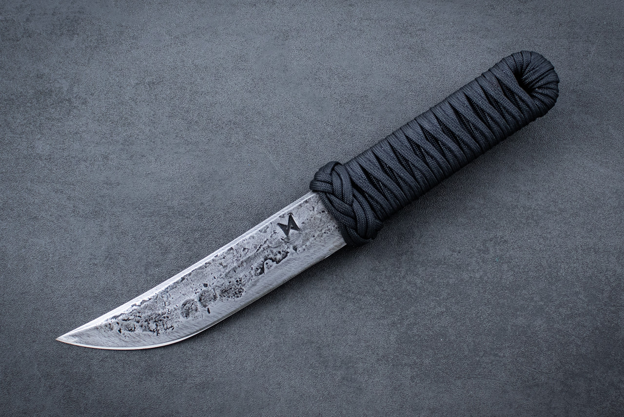 Helm Grind Custom Forged 5.625" Tanto Fixed Blade Knife w/ Black Paracord Turk Wrapped Handle and Sheath