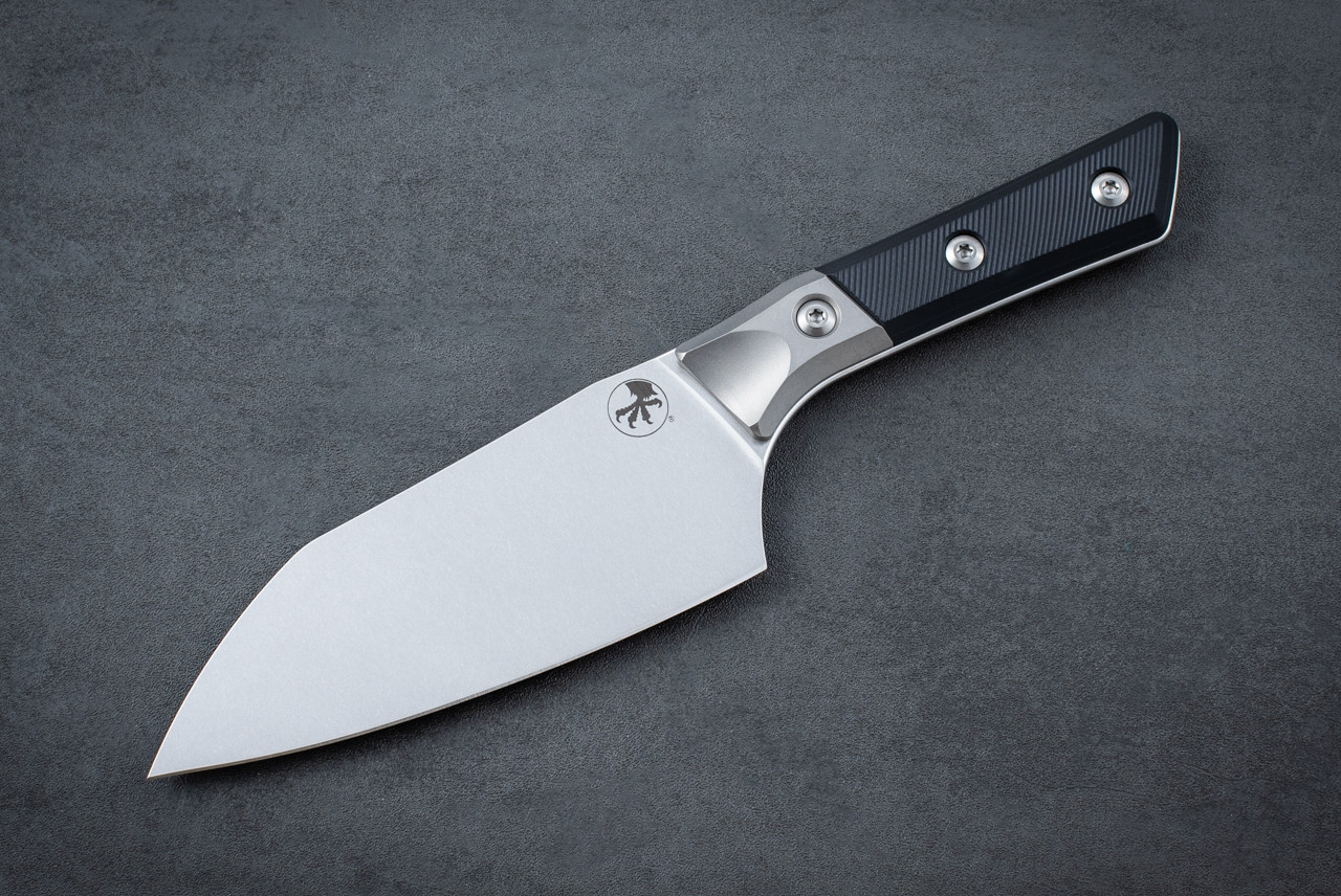 Microtech Knives 6" Santoku Fixed Blade Kitchen Knife Stonewashed Blade Titanium Bolster w/ Black G-10 Handle - 3200B-10BK