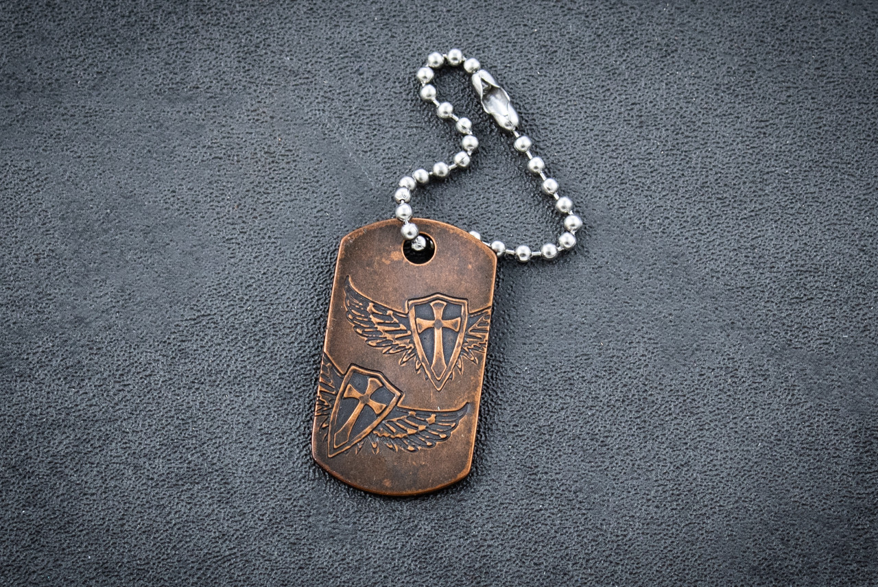 Steel Flame Double Winged Crusader Cross Copper Dog Tag In Vintage