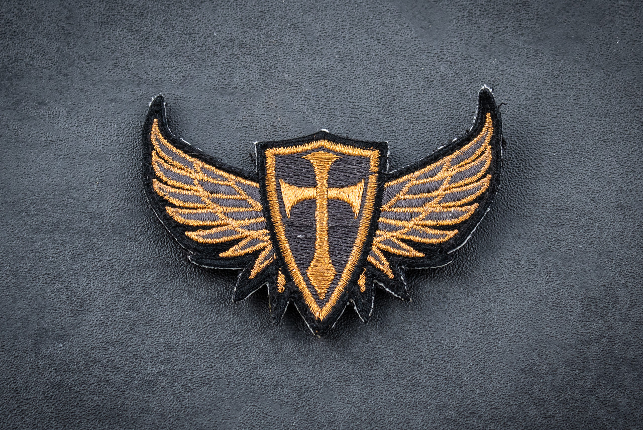 Steel Flame Winged Crusader Cross Velcro Patch