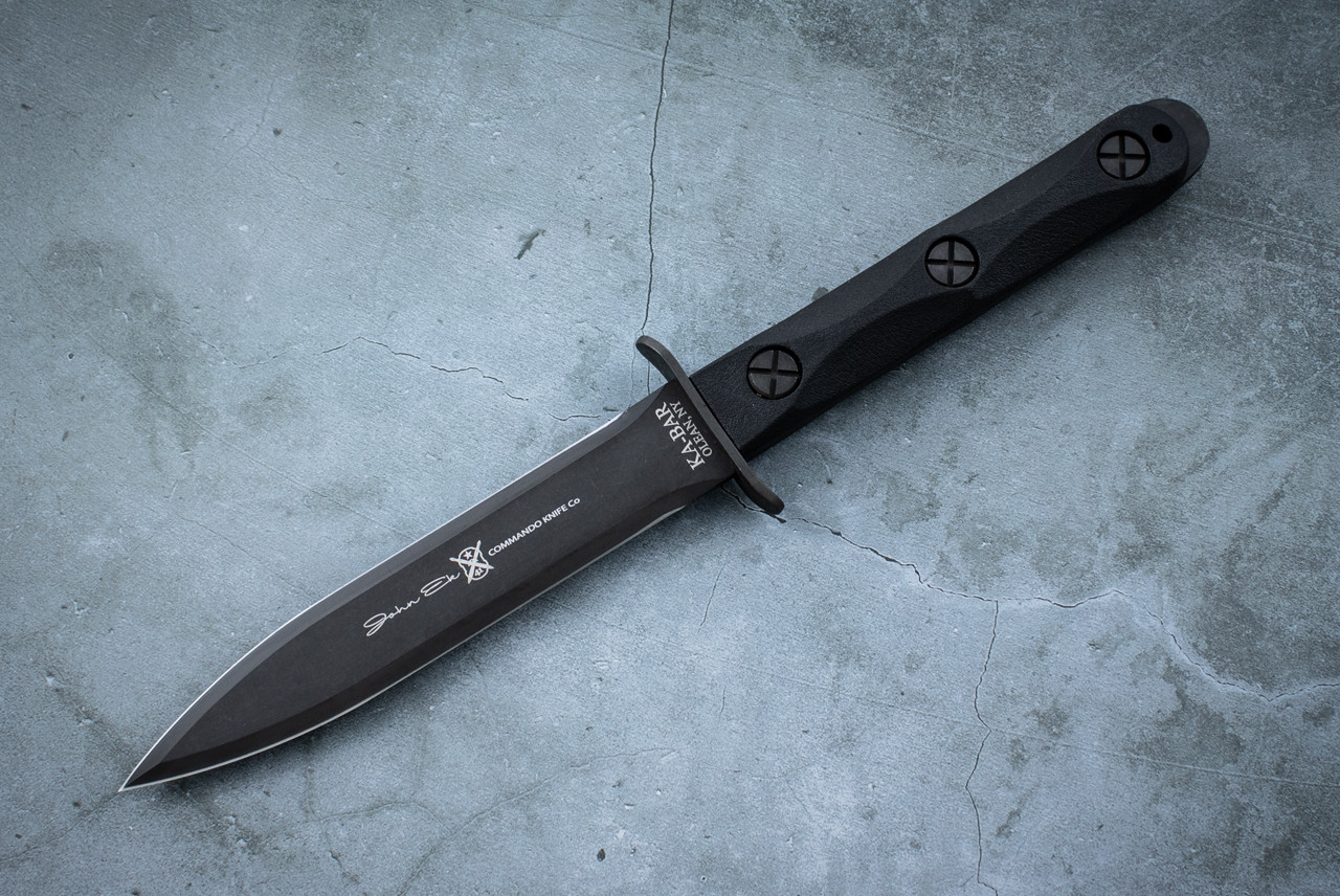 Ka-Bar John Ek Commando Model 4 Jungle Fighting Dagger Knife Black Blade w/ Black GFN Handle and Sheath