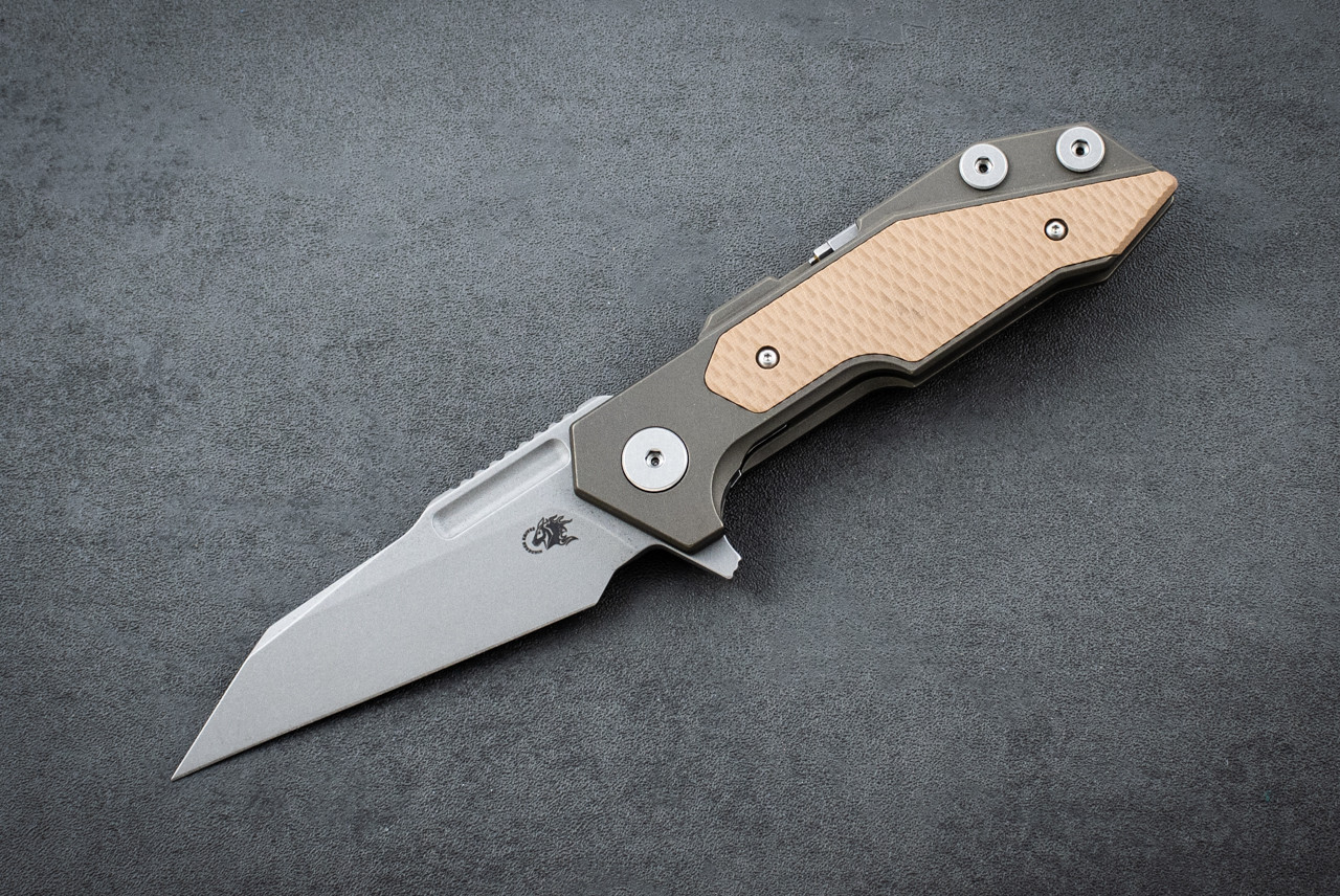 Rick Hinderer Knives Full Track Warncliffe S45VN Working Blade w/ Battle Bronze Titanium Handle and Coyote G10 Inserts