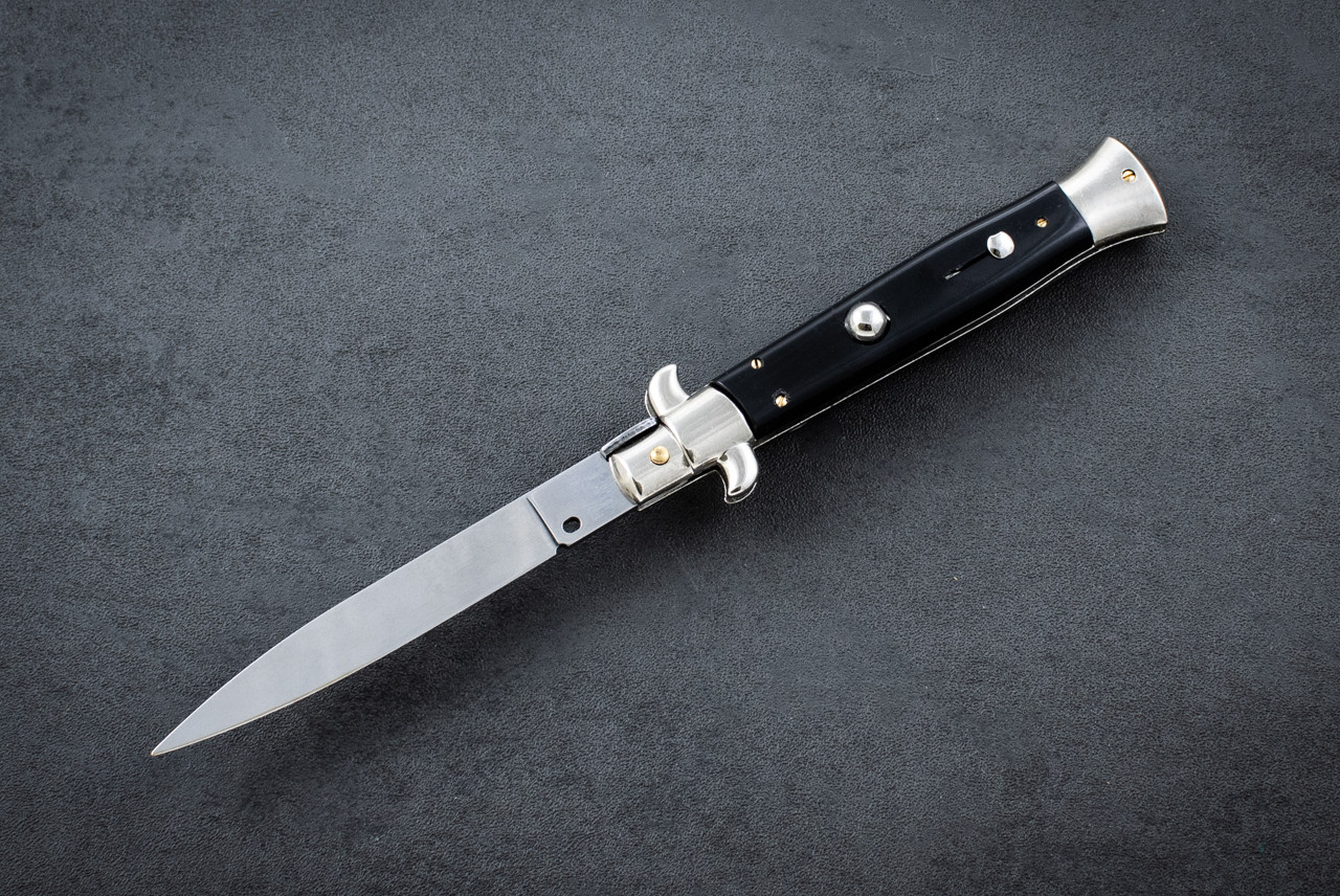 Frank Beltrame Knives 9" Italian Stiletto Automatic Spear Point Flat Grind Knife Satin Blade w/ Black Handle