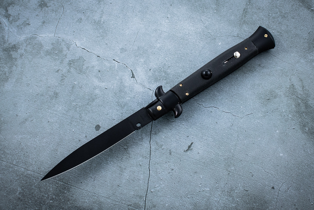 Frank Beltrame Knives 9" Italian Stiletto Automatic Spear Point Flat Grind Knife Black Teflon Blade w/ Black Polymer Handle
