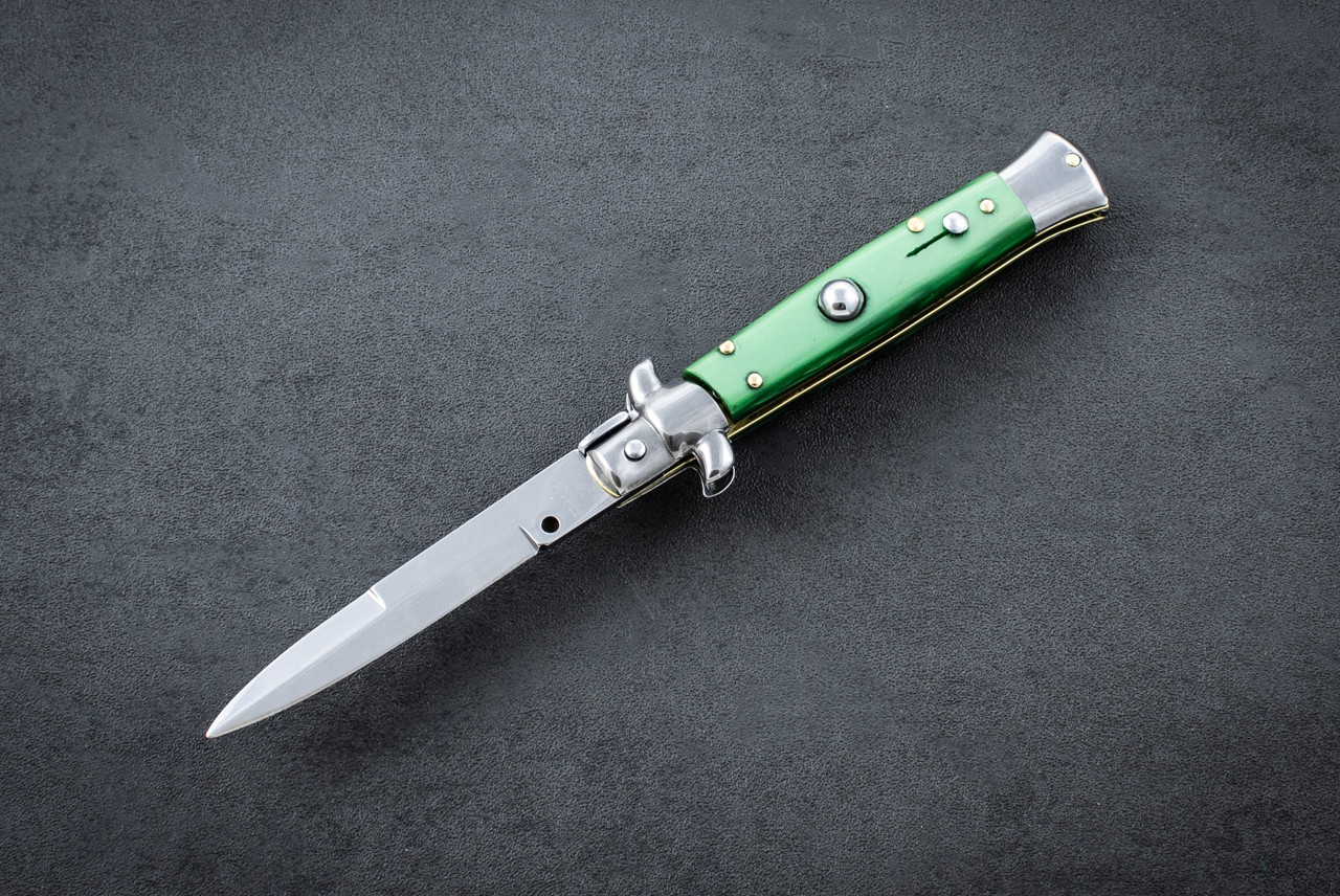 Frank Beltrame Knives 8" Italian Stiletto Automatic Bayonet Knife Polished Blade w/ Green Pearlex Handle 