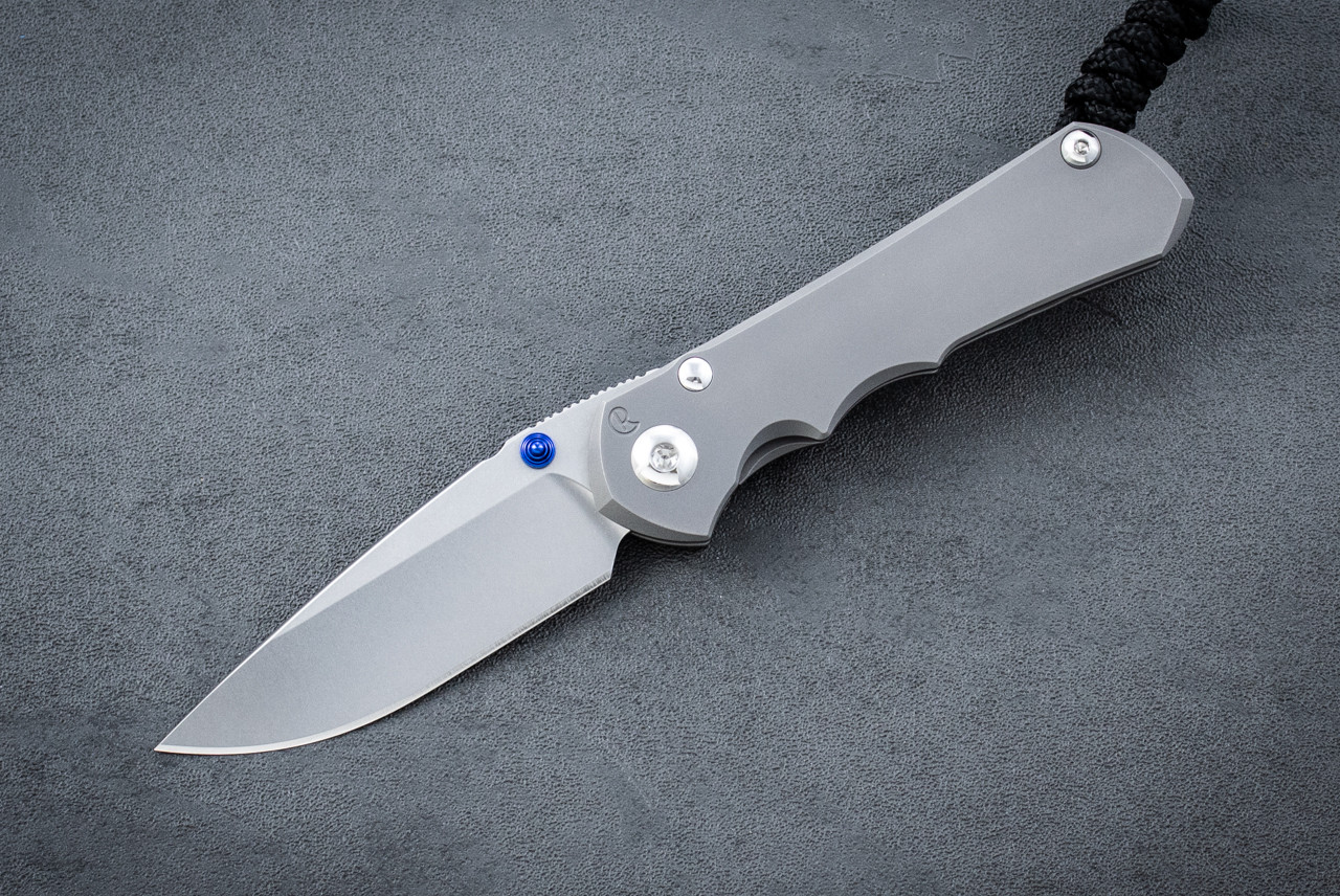 Chris Reeve Knives Small Inkosi Drop Point MagnaCut Stonewash Blade w/ Glass Blasted Titanium Handle - Blue Thumb Lugs