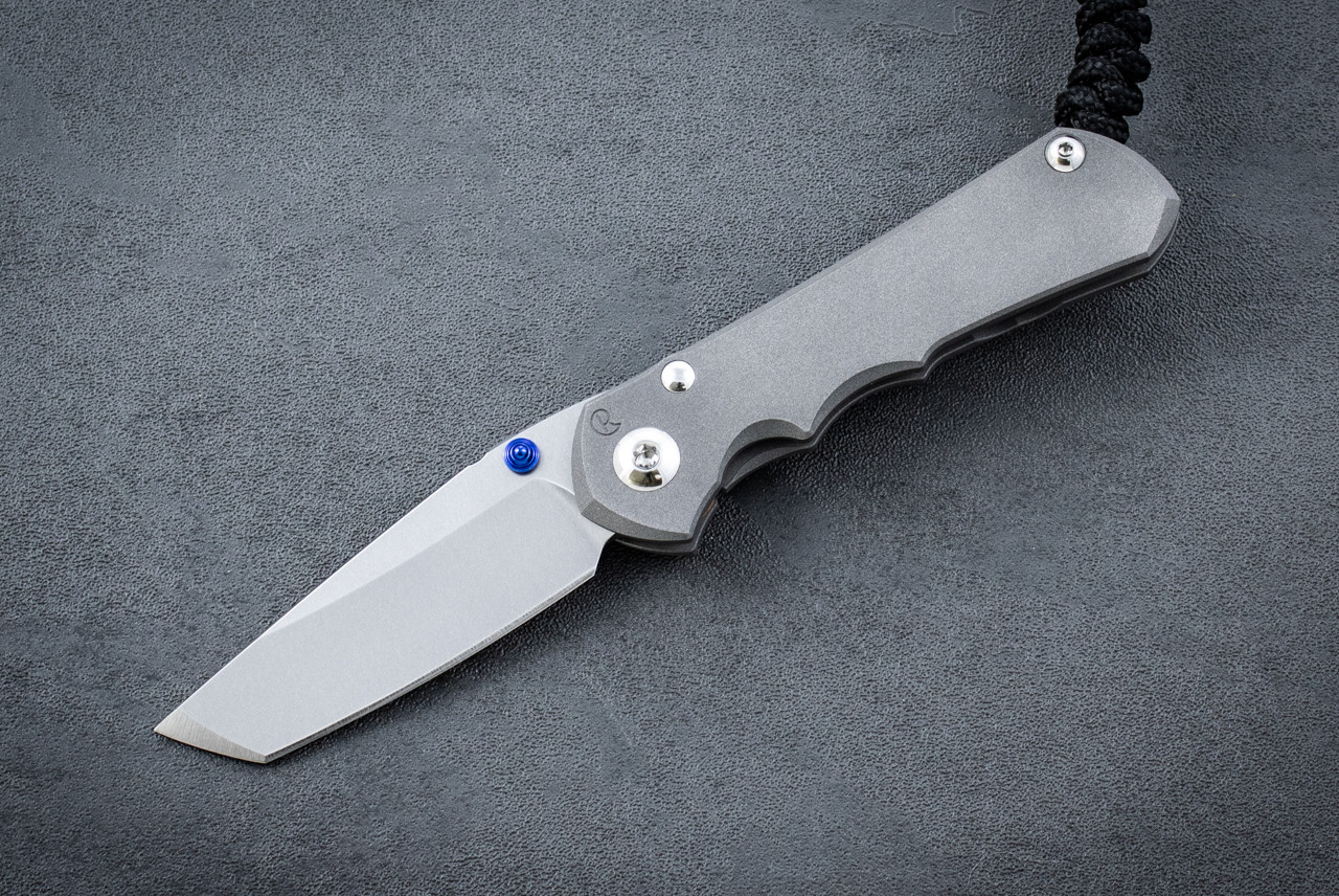 Chris Reeve Knives Small Inkosi Tanto MagnaCut Stonewash Blade w/ Sandblasted Titanium Handle - Blue Thumb Lugs