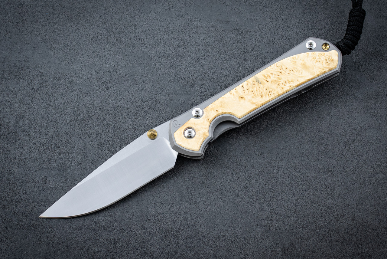 Chris Reeve Knives Large Sebenza 31 Drop Point MagnaCut Polished Blade and Titanium Handle w/ Box Elder Inlays - Single Gold Thumb Lug