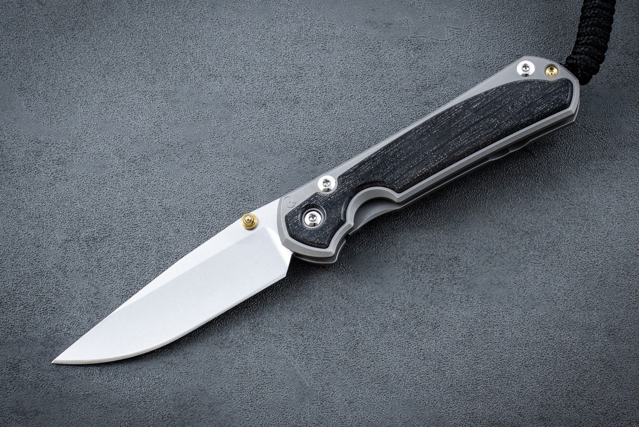 Chris Reeve Knives Small Sebenza 31 Drop Point MagnaCut Stonewash Blade w/ Glass Blasted Titanium Handle and Bog Oak Inlays - Single Gold Thumb Lug