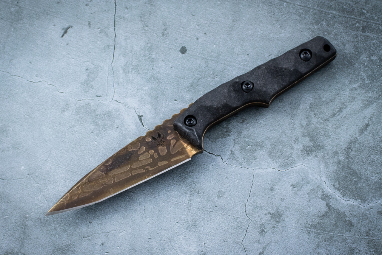 Ben Bawidamann Blades Custom Thick Huginn Slicer Grind Acid Etched Bronze Spectral Patina Finish Silazane Coated Blade and Sheath