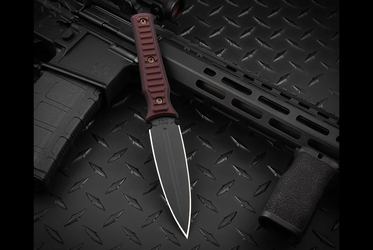 RMJ Tactical Orlando Special  Fixed Blade Dagger Knife CPM-3V Black Cerakote Blade w/ Black / Cherry G-10 Handles and Sheath