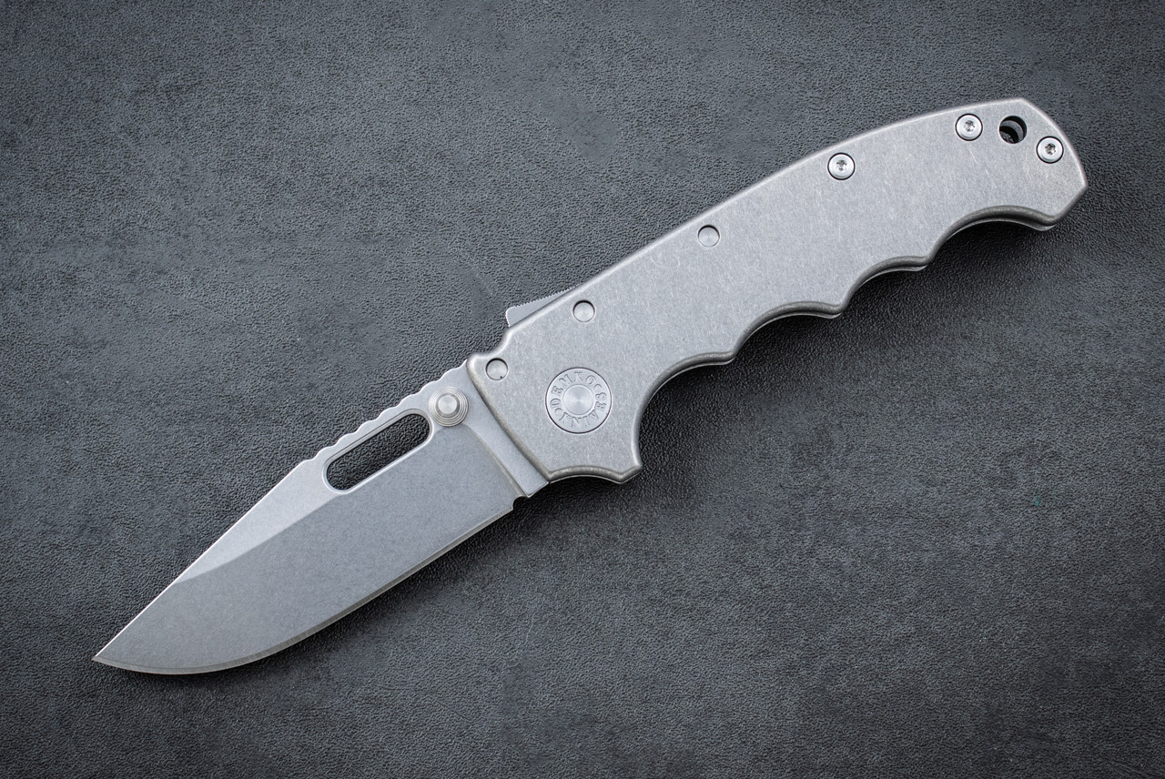 Demko Knives MGAD20 Folding Knife Shark Lock Clip Point 3V Stonewashed Blade w/ Smooth Titanium Handles - FG-1
