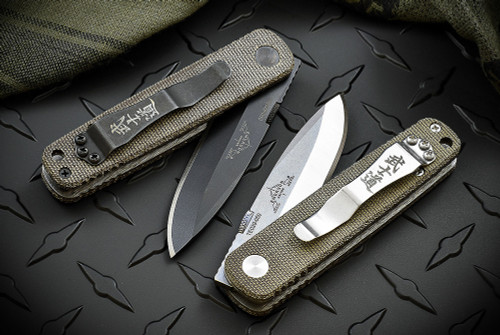 Exclusive: Ernest Emerson Mini A-100 Right Hand Grind - Green Canvas Micarta w/ Steel Flame Bushido Clip