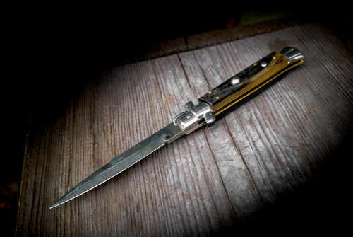 Frank Beltrame Knives 9" Italian Stiletto Automatic Bayonet Knife Dark Horn Satin Blade