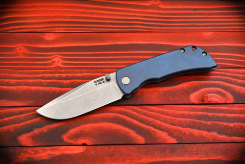 McNees Custom Knives PM MAC 2 Satin Stonewash Clip Point Blade Blue Titanium Handles