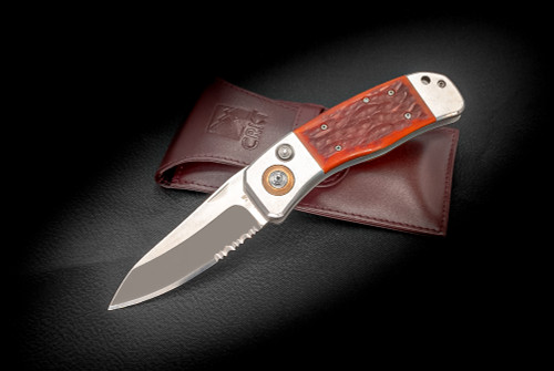 CRKT Lake's PAL Folding Knife Stainless Steel Handles w/ Jigged Bone Scales Drop Point Satin Blade Partially Serrated And Leather Pouch