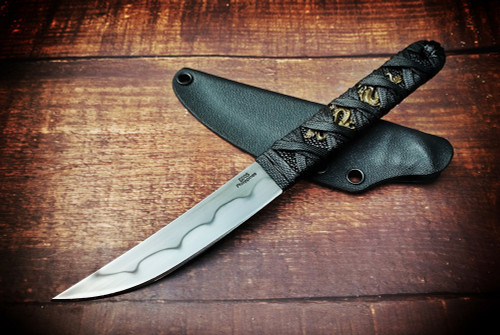Ecos Knives 8" Kwaiken Hamon Lined Blade w/ Black/Black Stingray/Cord Handle Menuki and Kydex Sheath
