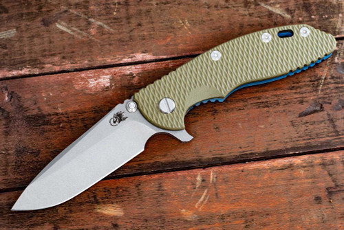 Rick Hinderer Knives XM-18 3.5" Spear Point S45VN Stonewash Blade w/ Blue Frame Lock and OD Green G10 Handle
