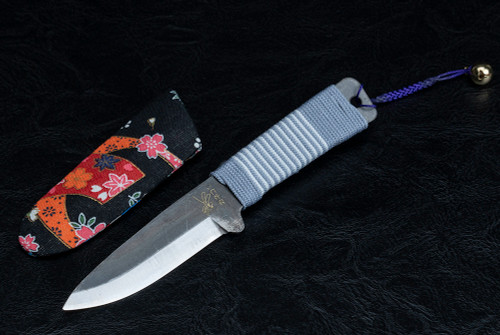 Nagao Higonokami Kogatana Bannou Drop Point Black Blade Fade Blue / White Handle Wrap w/ Sheath
