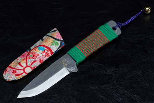 Nagao Higonokami Kogatana Bannou Drop Point Black Blade Green/Orange Handle Wrap w/ Sheath
