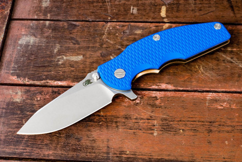 Rick Hinderer Knives Jurassic Slicer Magnacut Stonewash Blade w/ Stonewash Bronze Frame Lock and Blue G10 Handle
