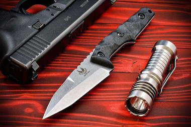 Bawidamann Blades Custom Thick Huginn Top Edge Gotham Graphite Partially Serrated  Blade w/ Sheath and Discreet Carry Concepts Clip - Tactical Elements Inc