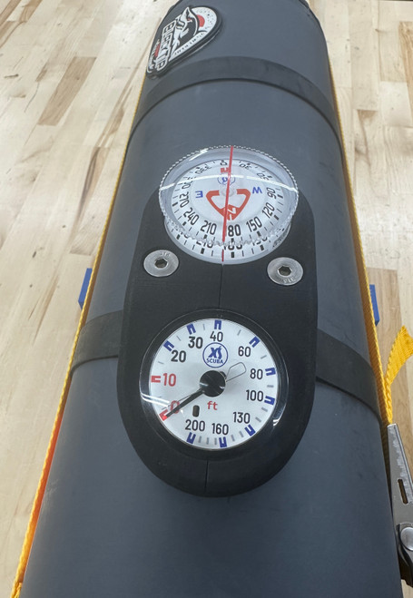 Dark Scuba universal DPV console mounted on scooter with cam strap showing depth gauge and compass