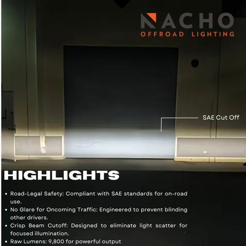 NACHO Quatro SAE light demonstrating crisp beam cutoff with SAE compliance for road use.
