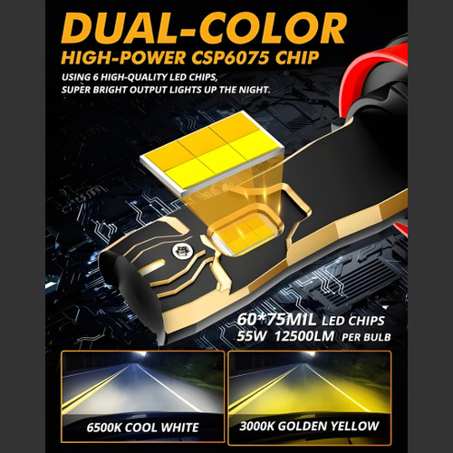 Auxbeam H11 bi-color LED low beam showing white and yellow switchback lighting