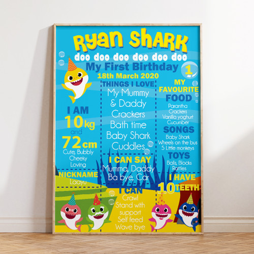 PERSONALISED BY US & EMAILED Baby Shark Blue Birthday Milestone Poster Design 20346