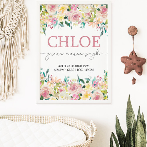 PERSONALISED BY US & EMAILED Floral Birth Print Design 20868