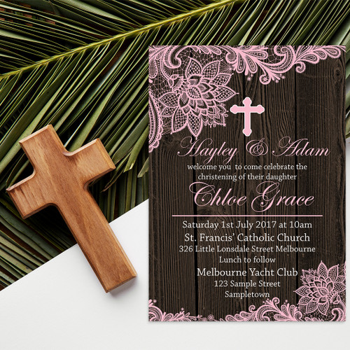 PERSONALISED BY US & EMAILED Lace Pink Christening Invitation Design 20116