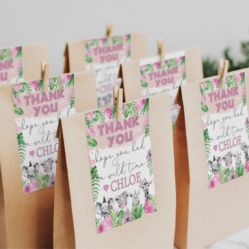 PERSONALISED BY US & EMAILED Jungle Safari Animals Pink Birthday Tags/Labels Design 20894