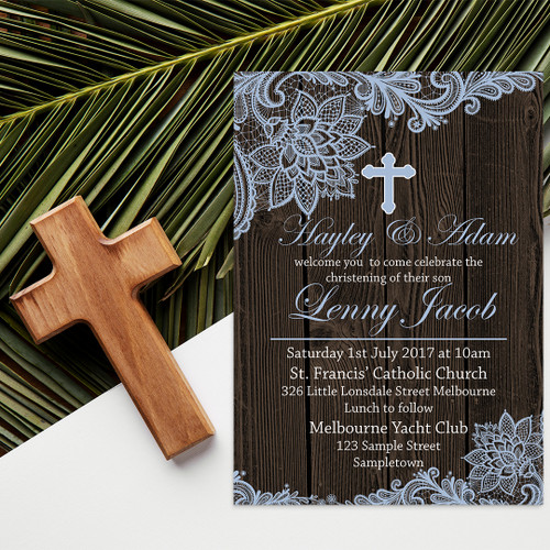 PERSONALISED BY US & EMAILED Lace Blue Christening Invitation Design 20116