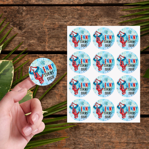 PERSONALISED BY US & EMAILED Spiderman Birthday Circle Stickers Design 21011
