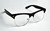 Black browline glasses with clear lenses on a white surface