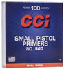 CCI #500 Small Pistol Primers - 100 Count - The CCI #500 Primers are the great choice for bench loaders due to CCI's exceptional testing and improvement programs. The CCI Small Pistol Primers are available for both single stage and progress strip type applications. CCI primers use innovative non-corrosive and non-mercuric chemical formula keep you safe while in contact with the primers. 