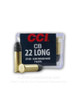 FEATURES & BENEFITS

29 grain lead round nose at 710 ft/sec
No louder than some pellet rifles
Clean-burning propellants keep actions cleaner
Sure-fire CCI priming
Reusable plastic box with dispenser lid

CB Long # 0038
CALIBER BULLET WEIGHT (GR) BULLET TYPE BOX COUNT
22 Long 29 LRN 100

Velocity, ft/sec
MUZZLE 50 YARDS 75 YARDS 100 YARDS
710 656 631 607

Energy, ft-lbs
MUZZLE 50 YARDS 75 YARDS 100 YARDS
32 28 26 24

Trajectory if sighted at 50 yards
25 YARDS 50 YARDS 75 YARDS 100 YARDS
1.6 0.0 -6.7 -18.8
NOTES:
Will not cycle semi-auto firearms.