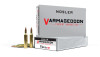 Loaded with a 20gr HPFB Varmageddon™ Bullet and Nosler® Premium Brass

Nosler Varmageddon® ammunition is loaded with Nosler Varmageddon® bullets, delivering high velocities and exceptional terminal performance on varmints at all practical ranges. The bullet’s special lead-alloy core combines with the copper-alloy jacket to violently expand upon impact while the flat base design brings you bench-rest accuracy. Created for the high-volume varmint shooter, Nosler Varmageddon® ammunition provides Nosler’s legendary quality and accuracy at an economical price.
VELOCITY (FPS)
Muzzle	100	200	300	400	500	600	700	800
4200	3230	2442	1780	1272	1002	869	774	695
ENERGY (FT-LBS)
Muzzle	100	200	300	400	500	600	700	800
783	463	265	141	72	45	34	27	21
DROP IN INCHES (100 YRD ZERO)
Muzzle	100	200	300	400	500	600	700	800
-1.5	0	-1.9	-9.9	-29.3	-70.4	-146	-267.7	447.6
DROP IN INCHES (200 YRD ZERO)
Muzzle	100	200	300	400	500	600	700	800
-1.5	1	0	-7	-25.4	-65.6	-140.3	-261	-439.9