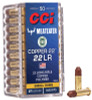 Product Overview
Get accurate, reliable performance on targets and small game in a non-lead bullet with CCI® Copper-22™, the ammunition that fills Steven Rinella’s freezer. The projectile is constructed from a unique mix of copper particles and polymer compressed into a potent, 21-grain hollow-point bullet. Combined with our reliable priming and propellant, Copper-22 loads achieve a muzzle velocity of 1,850 fps and provide superb accuracy.

Non-lead bullet suited for plinking, target-shooting and small game hunting
The ammunition that fills Steven Rinella's freezer
21-grain hollow-point bullet
Compressed copper-polymer construction
1,850 fps muzzle velocity
Excellent accuracy
SPECS
Caliber	22 LR
Grain Weight	21
Muzzle Velocity	1850
Bullet Style	Copper HP
Ballistic Coefficient	.092
Package Quantity	50
Usage	Small Game
