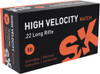 HIGH VELOCITY MATCH
The new SK High Velocity Match exits the muzzle at a blistering 1,263 feet per second (385 m/s). Disciplines such as PRS Rimfire and NRL22 trust High Velocity Match to strike on-target with both speed and precision. SK’s 40 grain round-nosed projectile is combined with a proprietary blend of clean-burning, high-energy propellant for reliable functioning in all platforms – shot after shot.

SK Ammunition is proud to announce the latest addition to our family of .22 LR ammunition, SK High Velocity Match.

Targeted for .22 LR enthusiasts that prefer lightning-fast speed, new SK High Velocity Match exits the muzzle at a blistering 1,263 feet per second (385 m/s). Where every second counts, disciplines such as PRS Rimfire and NRL22 trust High Velocity Match to strike on-target with both speed and precision. SK’s 40 grain round-nosed projectile is combined with a proprietary blend of clean-burning, high-energy propellant for reliable functioning in all platforms – shot after shot.

Until now, hi-velocity .22 LR ammunition was always “code” for cheap, plinking, and price-point, with quality unchanged for generations. SK’s Hi-Velocity Match aims to break the status quo and offer shooters the first high performance .22 LR round. SK High Velocity – Precision has no Speed Zone.
