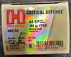 Since their inception, conventional hollow point pistol bullets have performed well, but have never delivered 100% reliability, especially in self-defense situations. The patented Flex Tip® technology used in Critical Defense ammunition eliminates the clogging and inconsistency that often plagues hollow point bullets. Hornady® achieved this by using the same tip material used in LEVERevolution® ammunition.

All Critical Defense® ammunition is loaded in nickel-plated cases for increased visibility in low-light situations. Premium low flash propellants deliver proven performance, even in very short-barreled handguns, and won't disrupt your vision. Reliable expansion and dependable terminal performance can be counted on for hunting and personal protection.

Features

FTX Bullet Technology - The patented FTX® bullet expands reliably and resists clogging
Specifications

Caliber: 44 Special
Bullet: 165 Grain FTX
Box Count: 20 Rounds
Ballistic Coefficient: .125 (G1)
Sectional Density: .127
Muzzle Velocity / Energy based on 2.5" Barrel
At Muzzle: 900 FPS / 297 ft-lbs
At 50 Yds: 848 FPS / 263 ft-lbs
At 100 Yds: 802 FPS / 235 ft-lbs