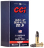 CCI 22 LR Quiet-22 Semi Auto 45 gr LRN 50 rds
Product Overview
 

Lose the noise—keep the fun. CCI® Quiet-22™ Semi-Auto drastically reduces the volume of standard 22 LR rounds, while cycling flawlessly through semi-automatic rifles and handguns. The accurate, low-velocity loads provide the sensation of shooting through a suppressor—without the suppressor—and are perfect for new shooters.

 

Flawless cycling through semi-automatic rifles and handguns
Significant reduction in perceived noise
Excellent accuracy
Low velocity
SPECS
Caliber	22 LR
Grain Weight	45
Muzzle Velocity	835
Bullet Style	Soft Point
Ballistic Coefficient	.115
Package Quantity	50
Usage	Target Shooting