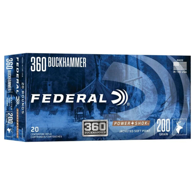 The only tag these loads won't fill is the price tag. The traditional lead-core hunting bullets in Federal® Power-Shok® rifle loads provide solid accuracy and power at an affordable price. They feature reliable brass, primers and powder and are suited to a wide variety of medium and big game.

Consistent, proven performance
Loads available for the full spectrum of medium and big game
Jacketed soft point bullet
Quality brass, primers and propellant

Caliber - 360 Buckhammer
Grain Weight - 200
Muzzle Velocity - 2200
Bullet Style - Soft Point
Ballistic Coefficient - .181
Package Quantity - 20