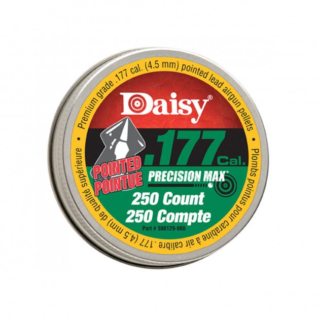 DAISY 250-CT .177 POINTED PELLET TIN

Daisy Pointed Pellets, .177 cal, Tin, 250 Per Tin 987777-406

Daisy .177 caliber pointed PrecisionMax are made for all Daisy pellet rifles and pistols and provide great accuracy. Get 250 in this handy screw-top tin container.

Features
Caliber: .177 Pellet
Construction: Lead
Style: Pointed
Container: Tin Screw-Top