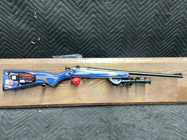Used Keystone Cricket 22lr 16.5" Single Shot w/Blue Laminate Stock & Caldwell 6-9" Bipod